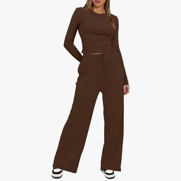 Women's 2 Piece Outfit Lounge Sets Long Sleeve Top Wide Leg Pants Casual Sz L - Picture 7 of 17